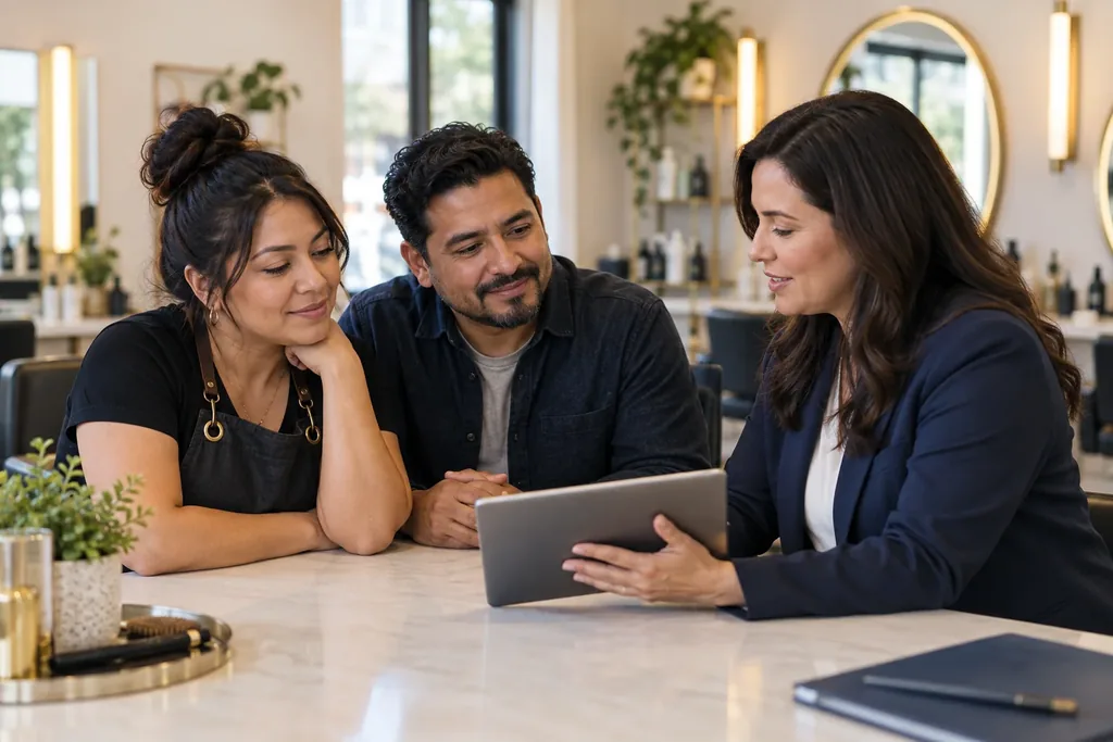 A woman in a blazer shows a tablet to a couple seated at a marble counter in a hair salon