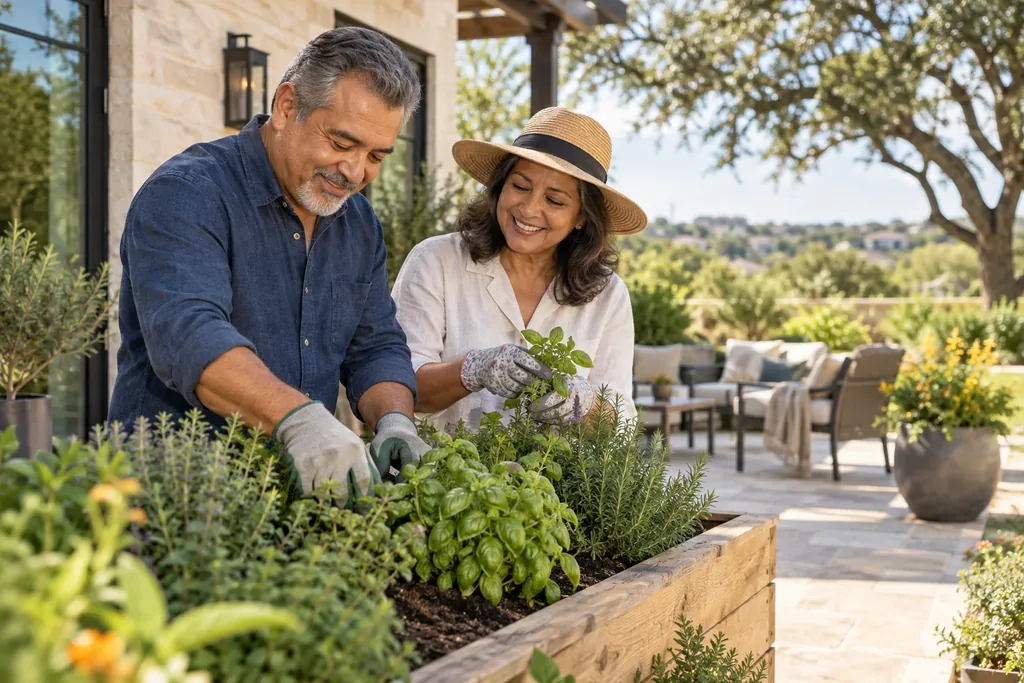 A mature couple planting herbs in a raised garden bed on a sunny stone patio