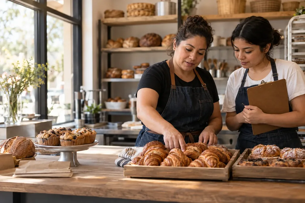 Two women in aprons checking trays of croissants and pastries on a bakery counter, one of them holding a clipboard