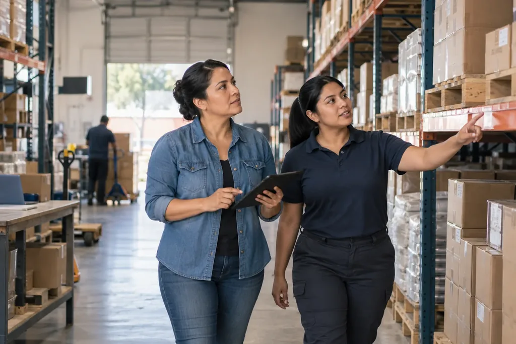 Two women walking down a warehouse aisle lined with boxes on tall shelves, one holding a tablet while the other points toward a shelf
