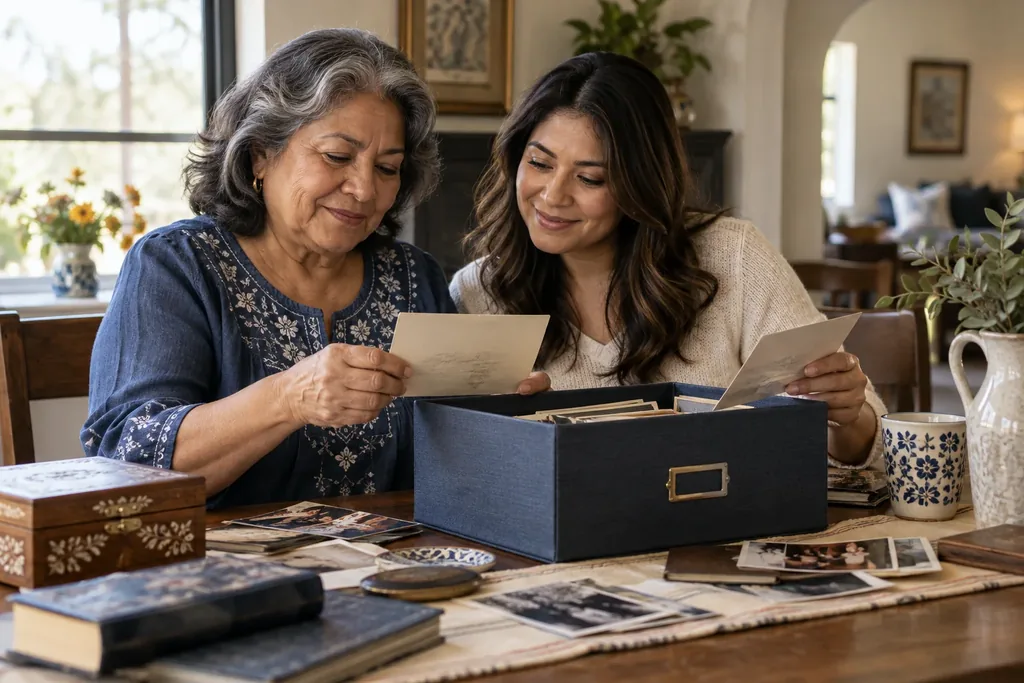 An older woman and a younger woman smiling as they look through a box of old photographs at a wooden table