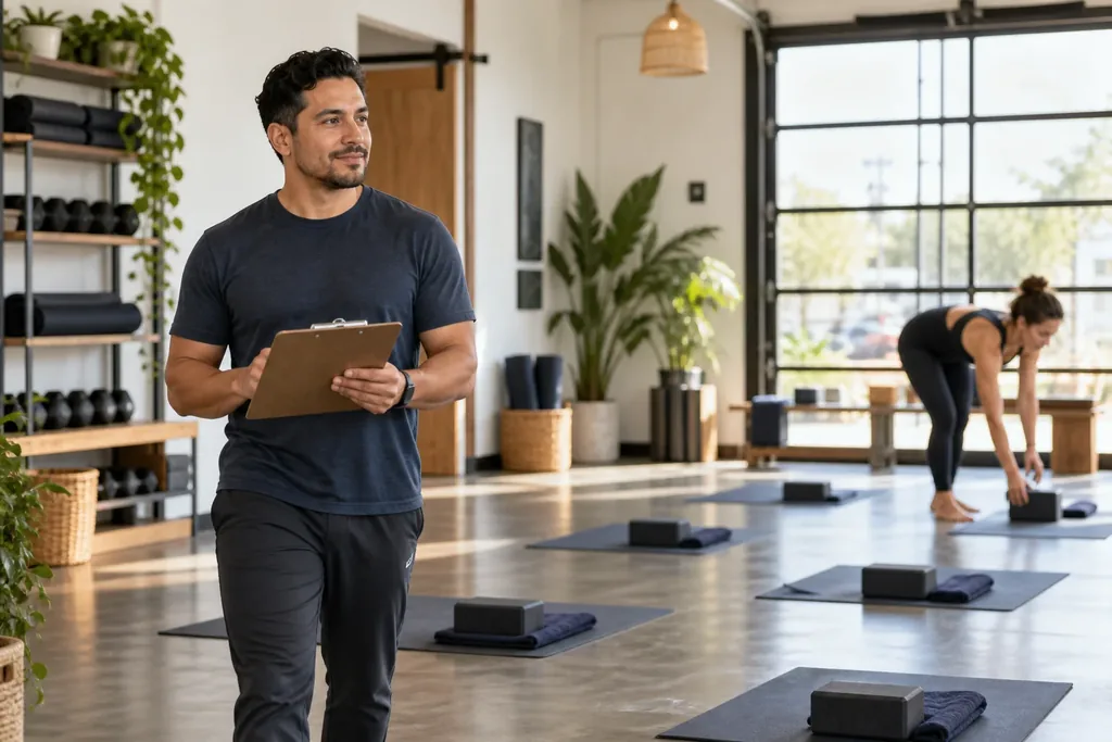 A man holding a clipboard walking through a bright fitness studio with yoga mats and blocks laid out, while a woman sets up equipment in the background