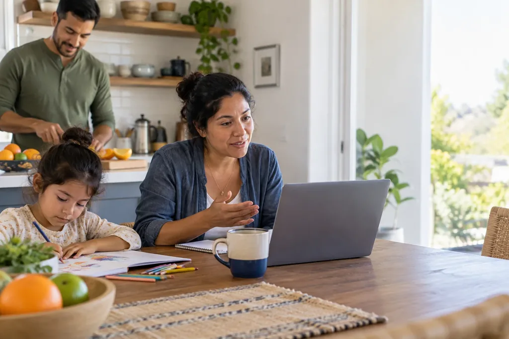 A woman talks and gestures toward a laptop at a kitchen table while a girl colors nearby and a man cuts fruit in the background