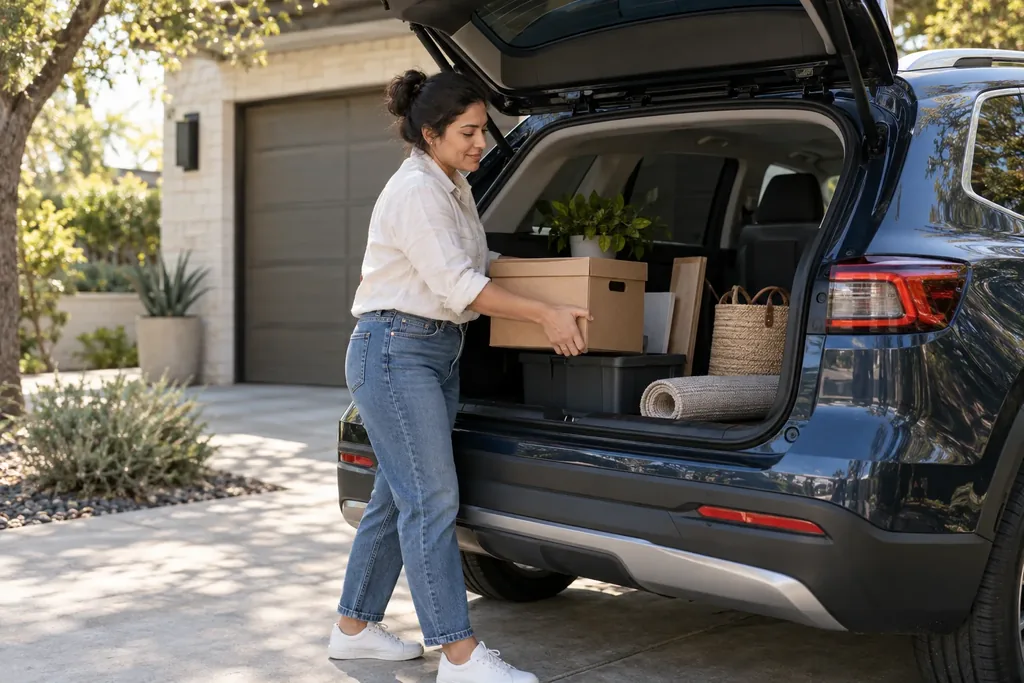 A woman loading the back of an SUV in her driveway