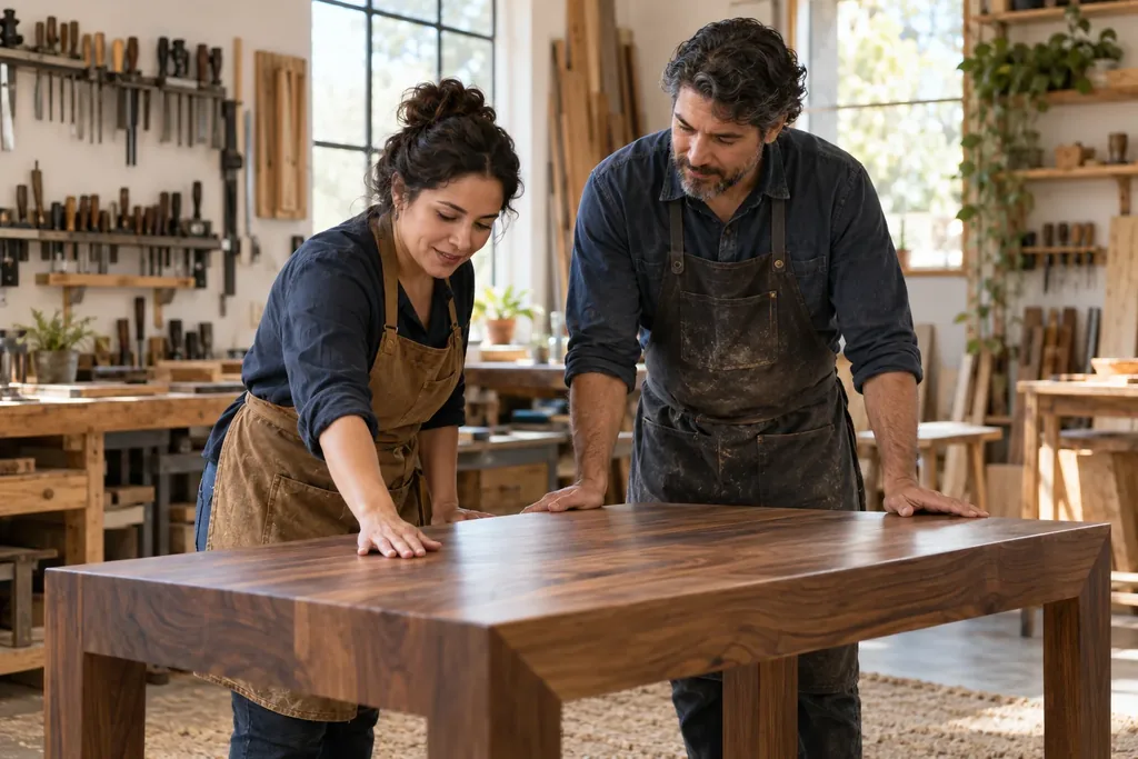 Two business owners working together at a wooden table in their shop