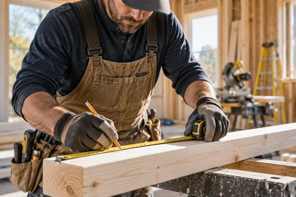 A contractor measuring lumber on a job site