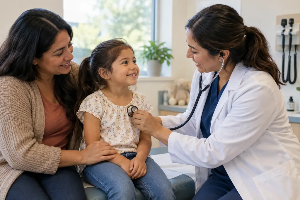 A mother and her daughter at a checkup with a doctor