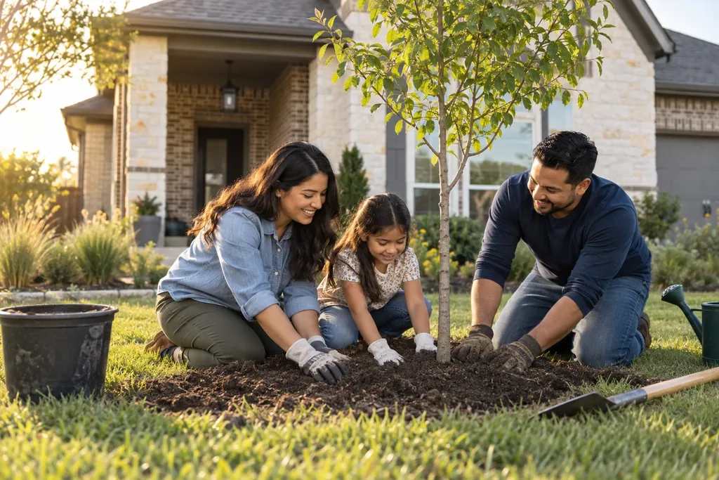 A family planting a young tree in the front yard of their home