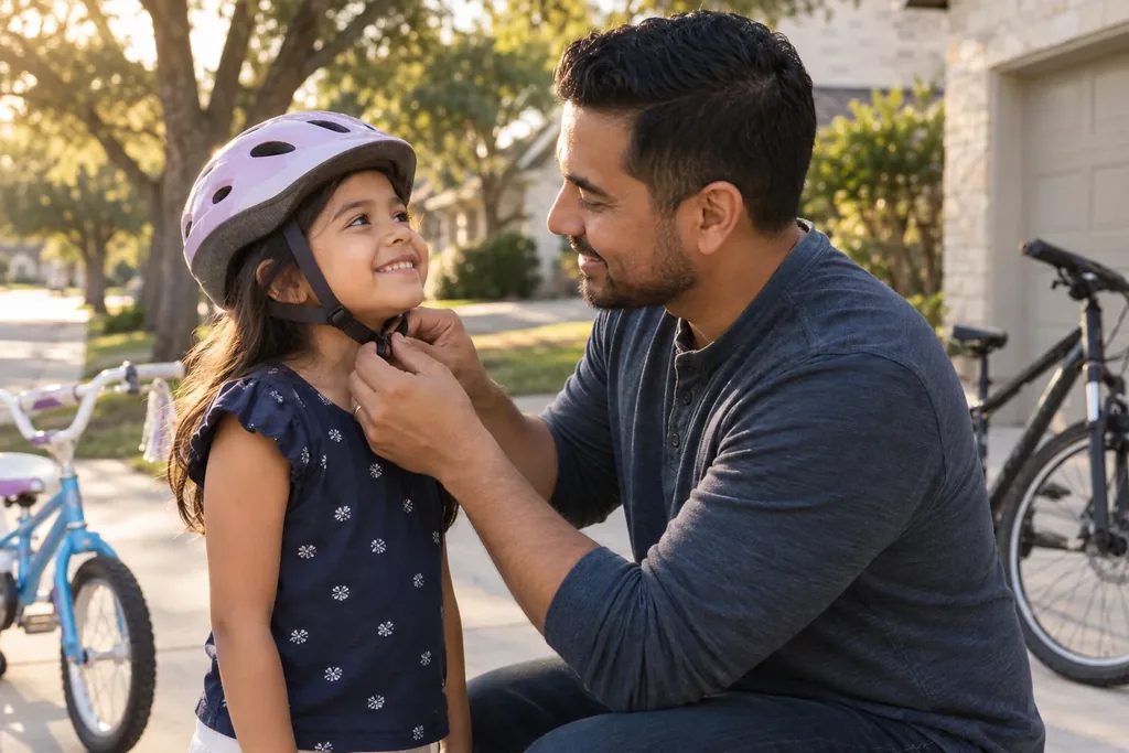 A father helping his daughter with her bike helmet