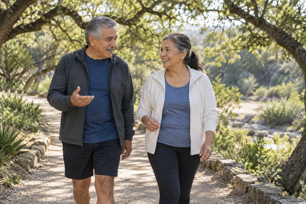 An older couple walking together on a garden path