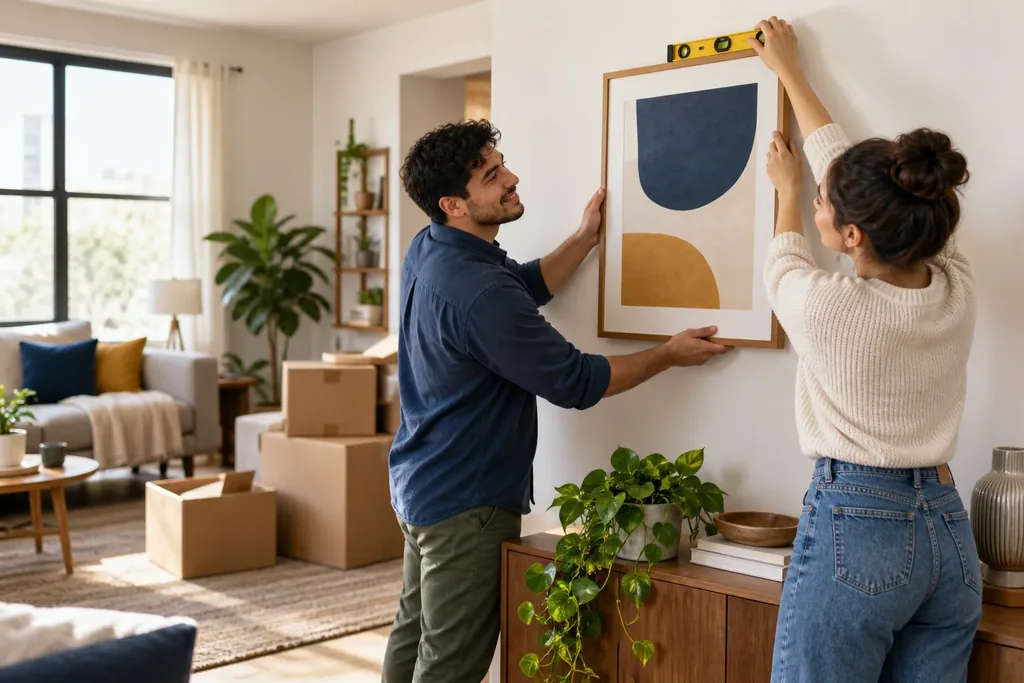 A couple hanging artwork in their new rental home