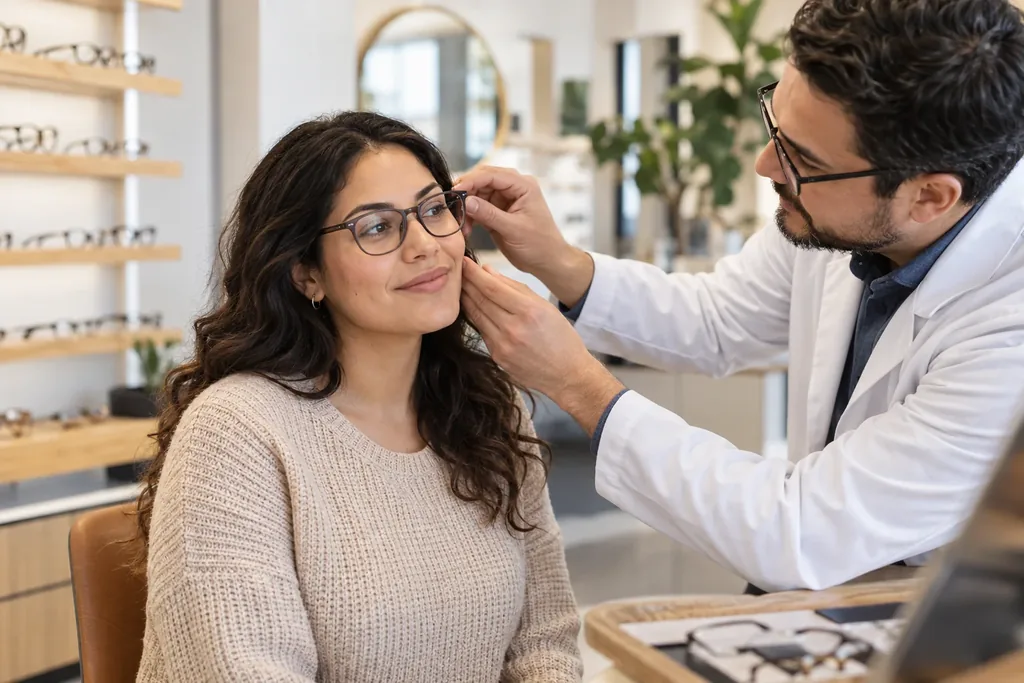 An optician fitting a pair of glasses for a woman