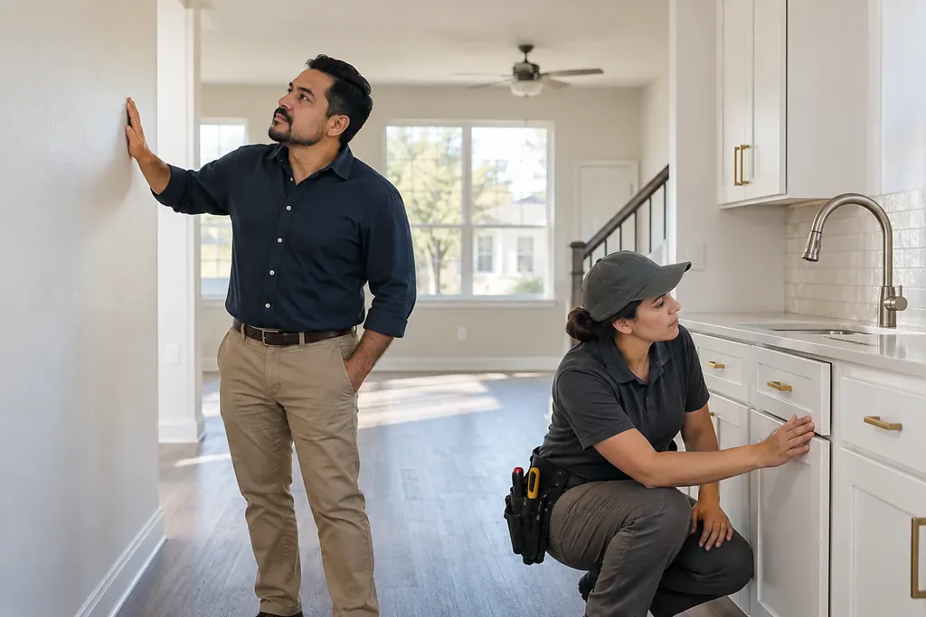 A man inspects a wall while a woman in a cap and tool belt kneels to check a kitchen cabinet in an empty, newly finished home