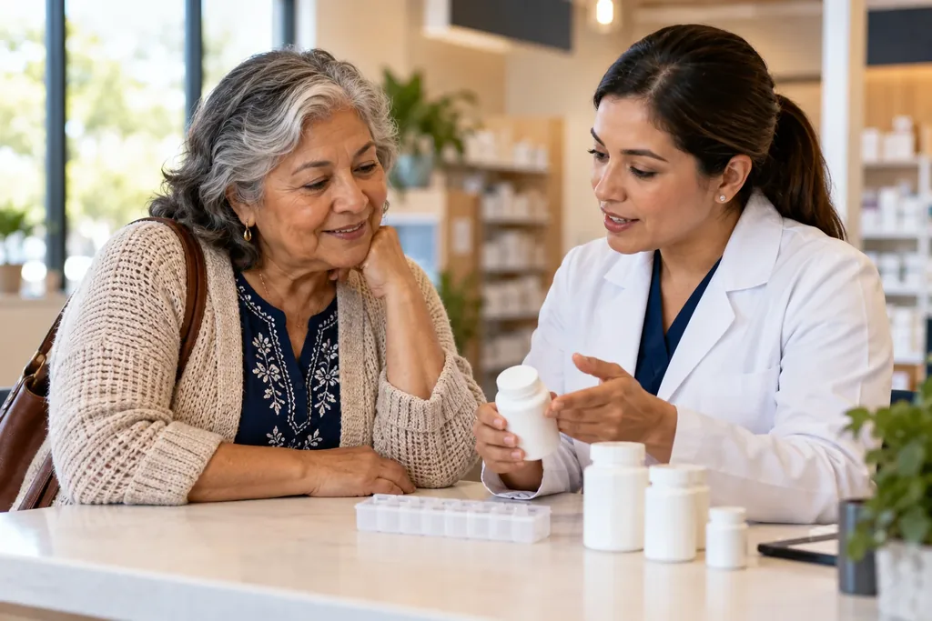 A pharmacist in a white coat shows a medicine bottle to an older woman at a pharmacy counter beside a weekly pill organizer