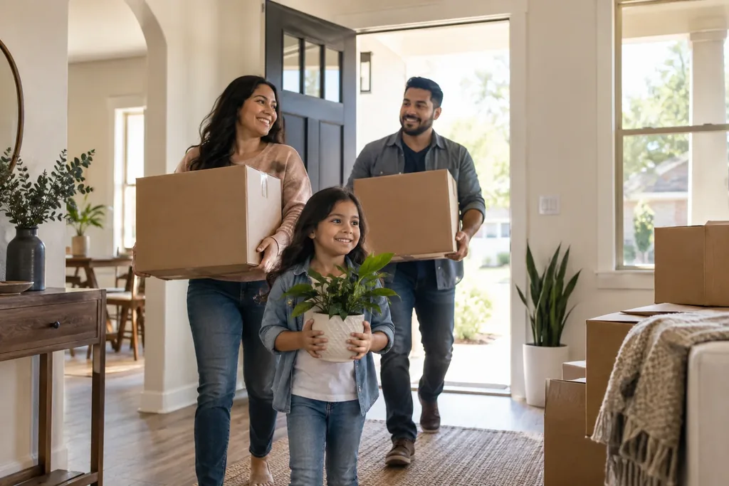 A couple carrying moving boxes into a new home while their young daughter walks ahead holding a potted plant
