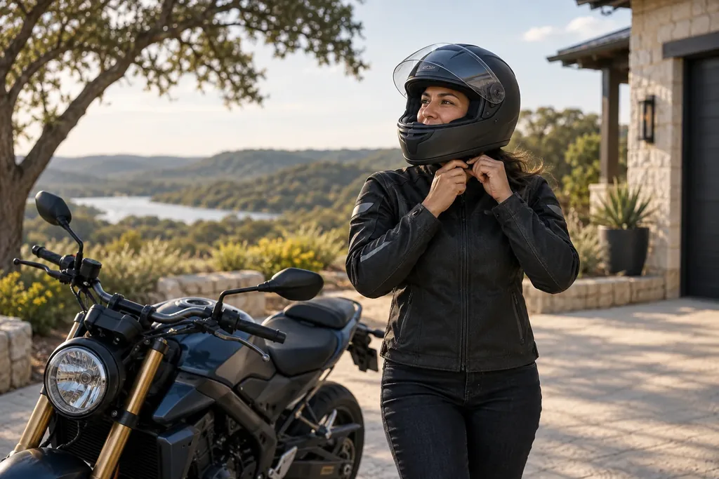 A woman in a black riding jacket fastens a full-face helmet beside a motorcycle, with hills and a lake in the distance