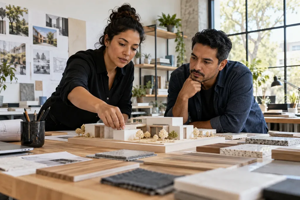 A woman arranging an architectural model on a table covered with material samples as a man watches thoughtfully in a bright design studio