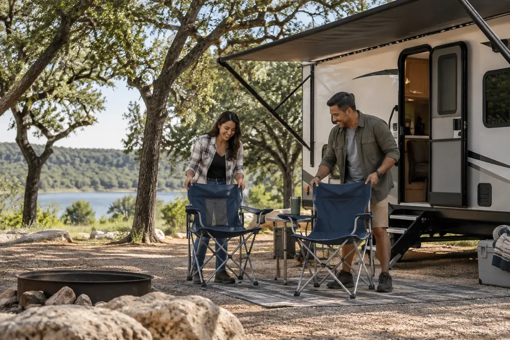 A man and a woman set up folding camp chairs beside a travel trailer with its awning out at a wooded lakeside campsite
