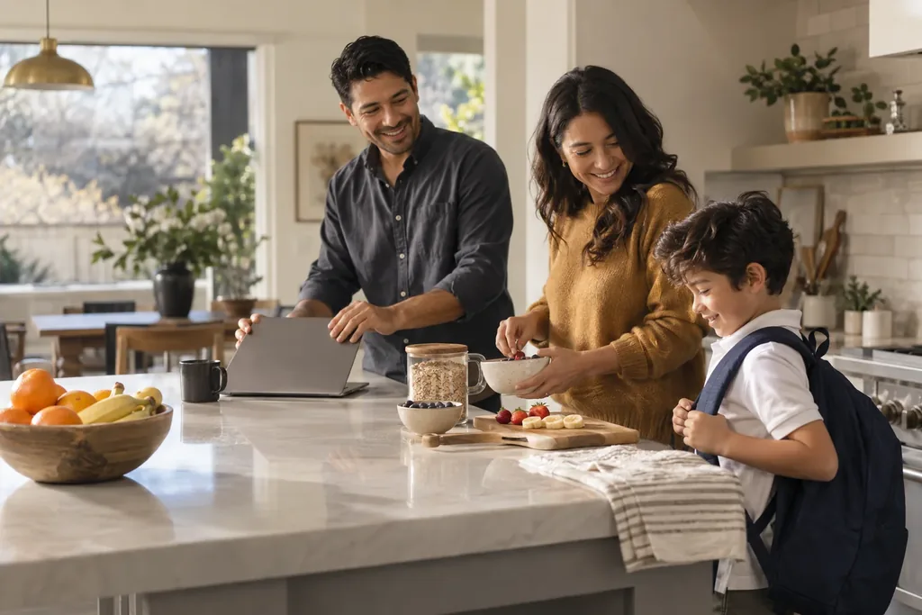 A couple preparing breakfast at a kitchen island as their son gets ready for school with his backpack on