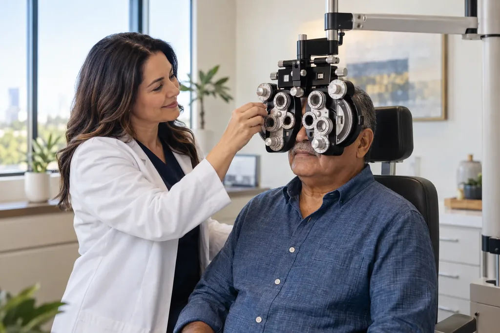 An eye care professional in a white coat adjusts a vision testing instrument in front of an older man seated in an exam chair